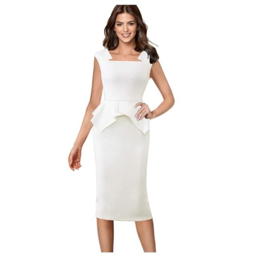 NWT VFShow Women's White  Square Neck Peplum Dress